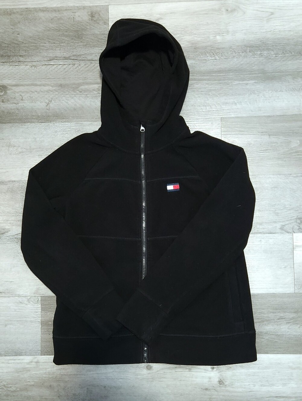 Tommy Hilfiger Black Zip-Up Fleece Jacket With Hood Embroidered Logo Womens S/P